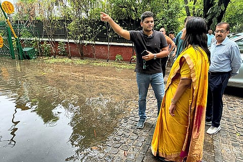 Bansuri Swaraj inspects the waterlogged area